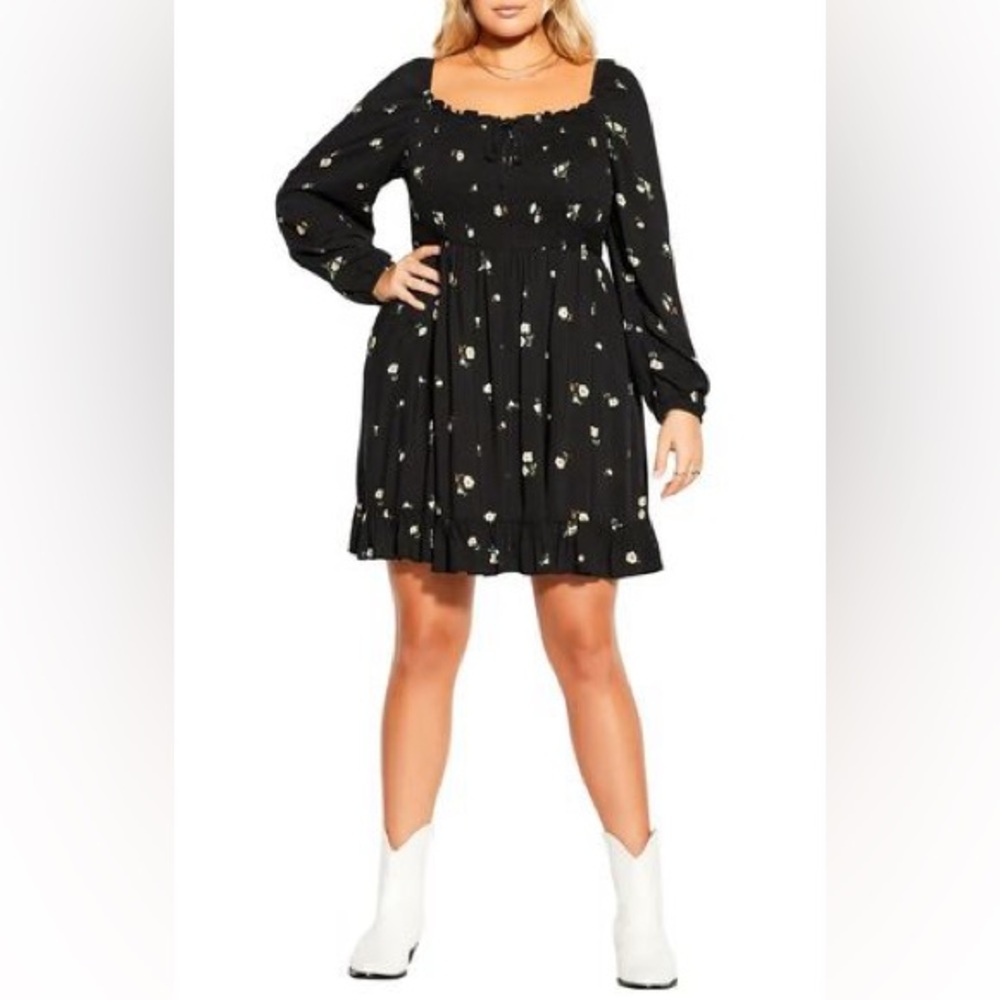 City Chic Darling Ditsy Black Floral Print Smocked Long Sleeve Dress Size 18